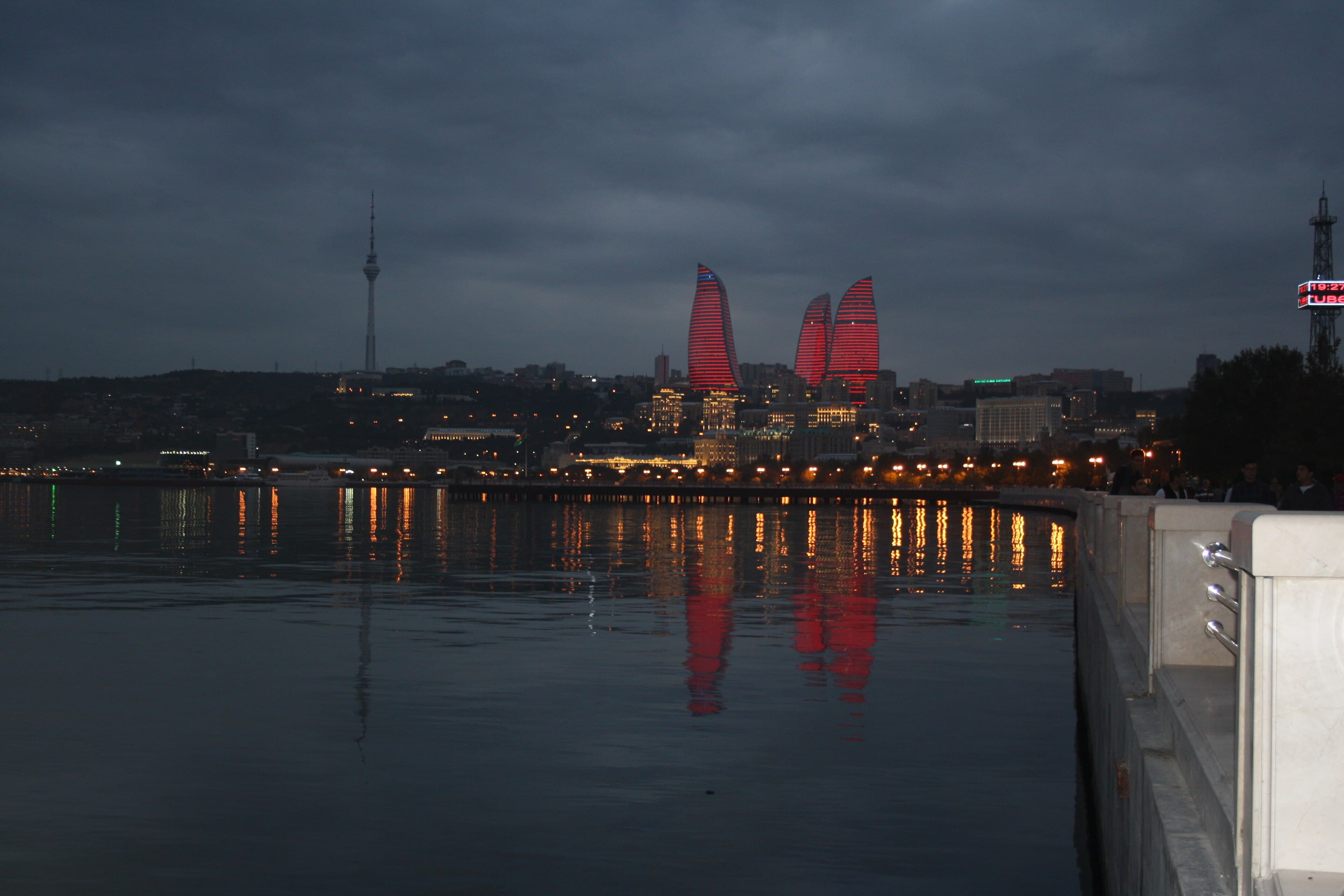 Flame Towers at night