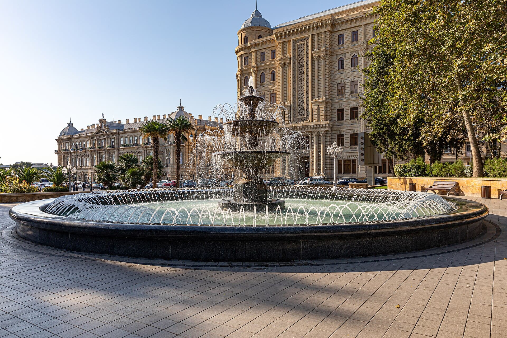 Four Seasons Hotel Baku facade lit at dusk